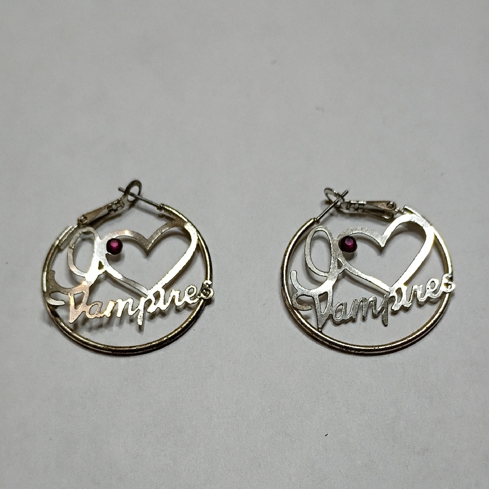 Unique Silver I Love Vampire Hoop Earrings With Purple Stone Accent